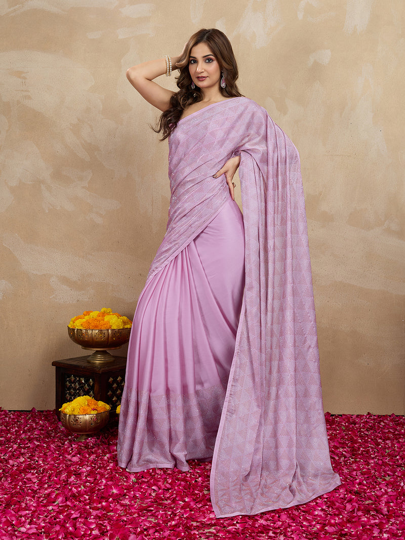 Women's Pink Chiffon Siroski Work with Unstitch Blouse Piece