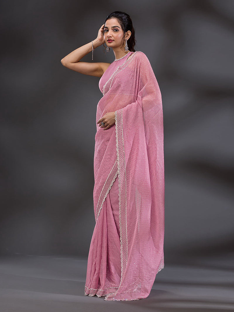 Women's  Pink Art Silk Siroski Work with Unstitch Blouse Piece