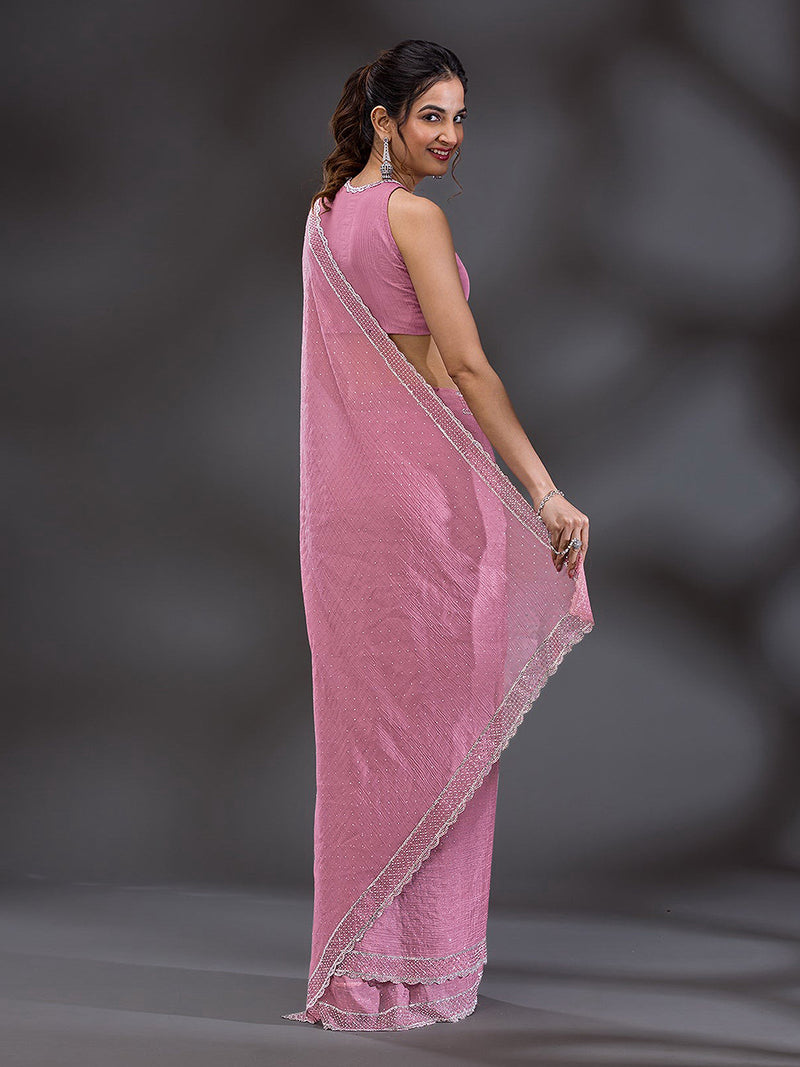 Women's  Pink Art Silk Siroski Work with Unstitch Blouse Piece
