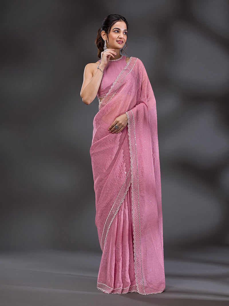 Women's  Pink Art Silk Siroski Work with Unstitch Blouse Piece