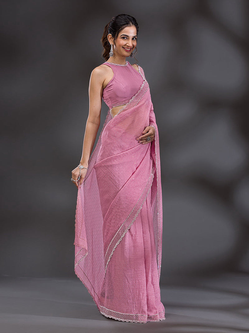 Women's  Pink Art Silk Siroski Work with Unstitch Blouse Piece