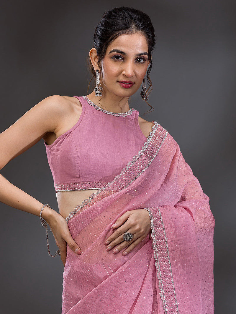 Women's  Pink Art Silk Siroski Work with Unstitch Blouse Piece