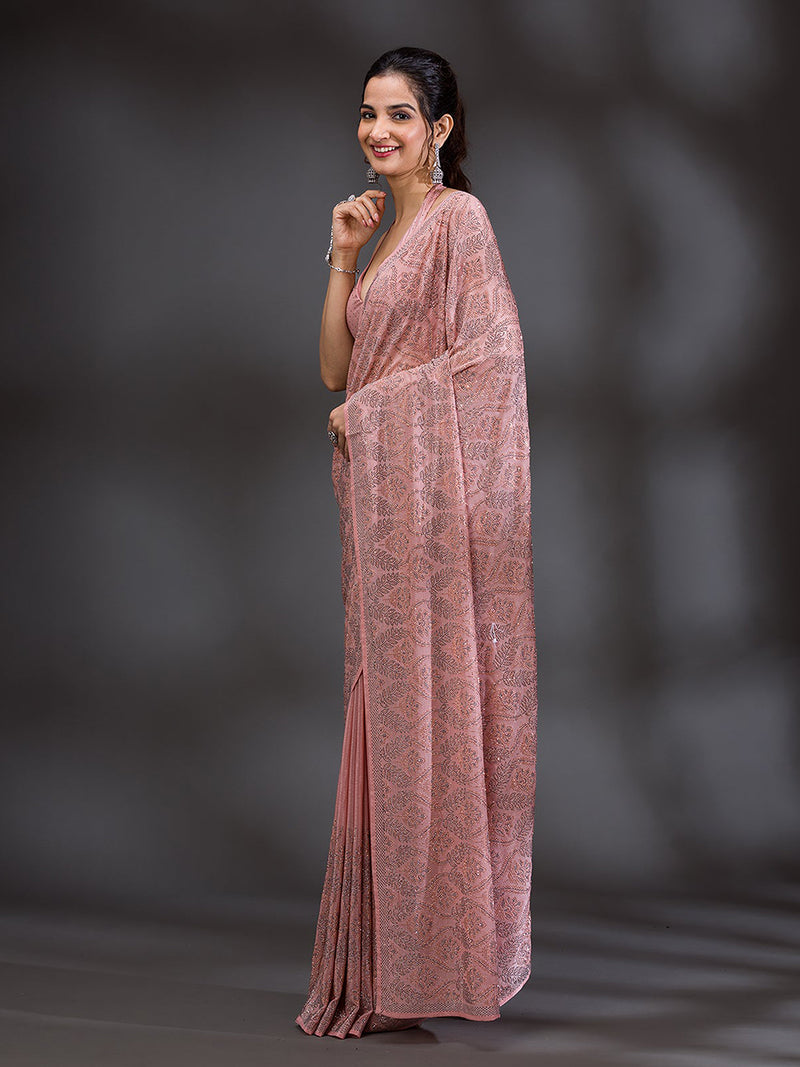 Women's Pink Chanderi Silk Siroski Work with Unstitch Blouse Piece
