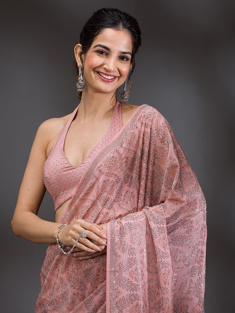 Women's Pink Chanderi Silk Siroski Work with Unstitch Blouse Piece