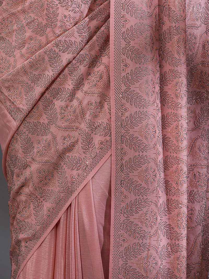 Women's Pink Chanderi Silk Siroski Work with Unstitch Blouse Piece