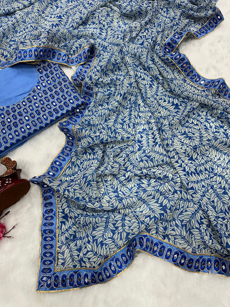 SkyBlue OffWhite Georgette Digital Printed Mirror Work Embroidery Border Saree with Unstitched Blouse Piece For Women's