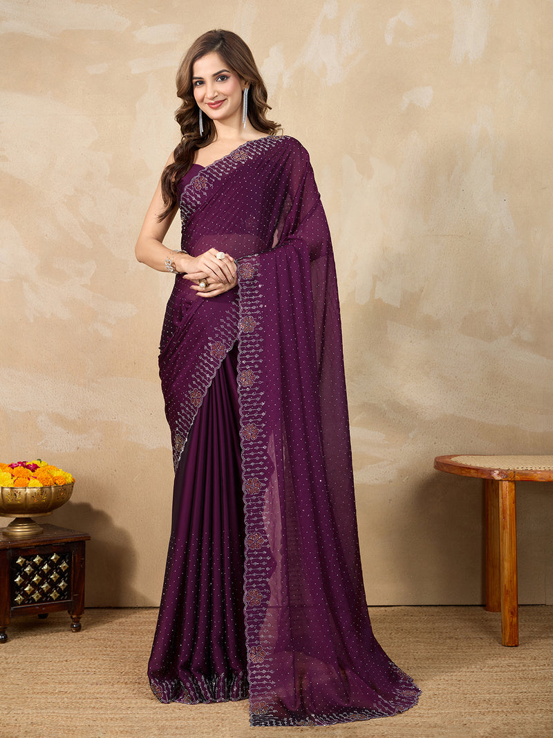 Women's Purple Silk Blend Siroski Work with Unstitch Blouse Piece