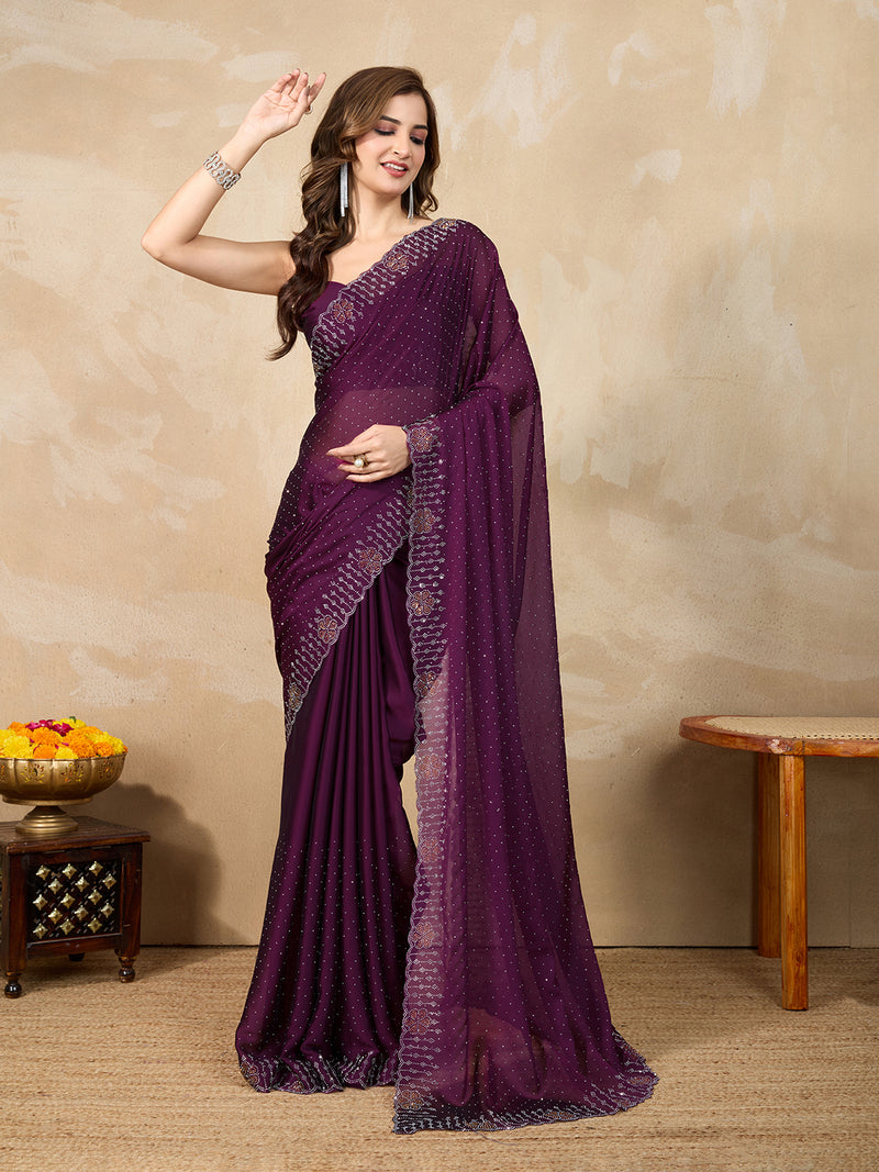 Women's Purple Silk Blend Siroski Work with Unstitch Blouse Piece