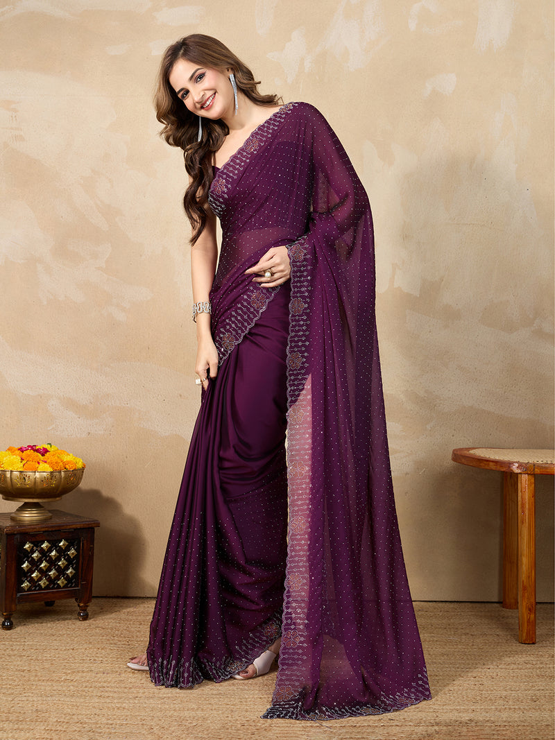 Women's Purple Silk Blend Siroski Work with Unstitch Blouse Piece