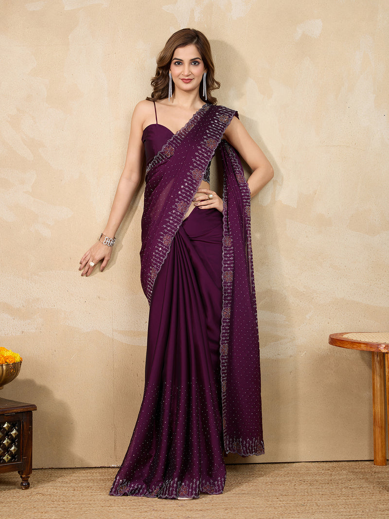 Women's Purple Silk Blend Siroski Work with Unstitch Blouse Piece