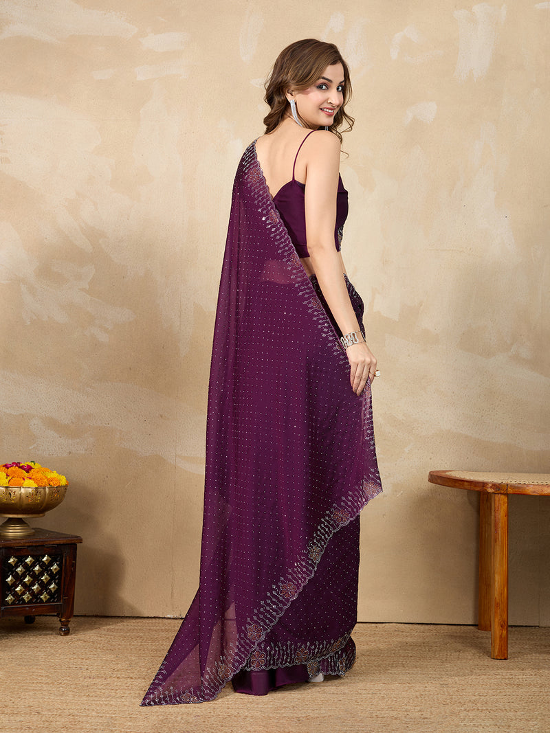 Women's Purple Silk Blend Siroski Work with Unstitch Blouse Piece