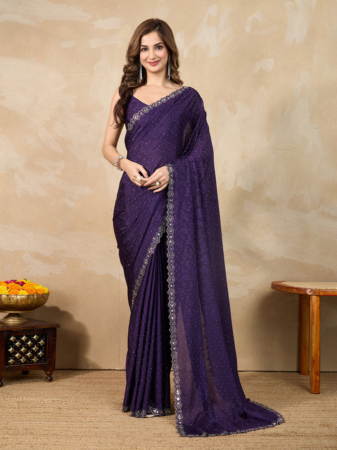 Purple Art Silk Siroski Mirror Work Saree with Unstitch Blouse Piece Trendmalls