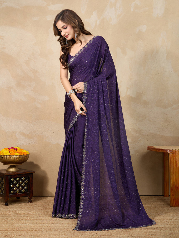 Purple Art Silk Siroski Mirror Work Saree with Unstitch Blouse Piece Trendmalls