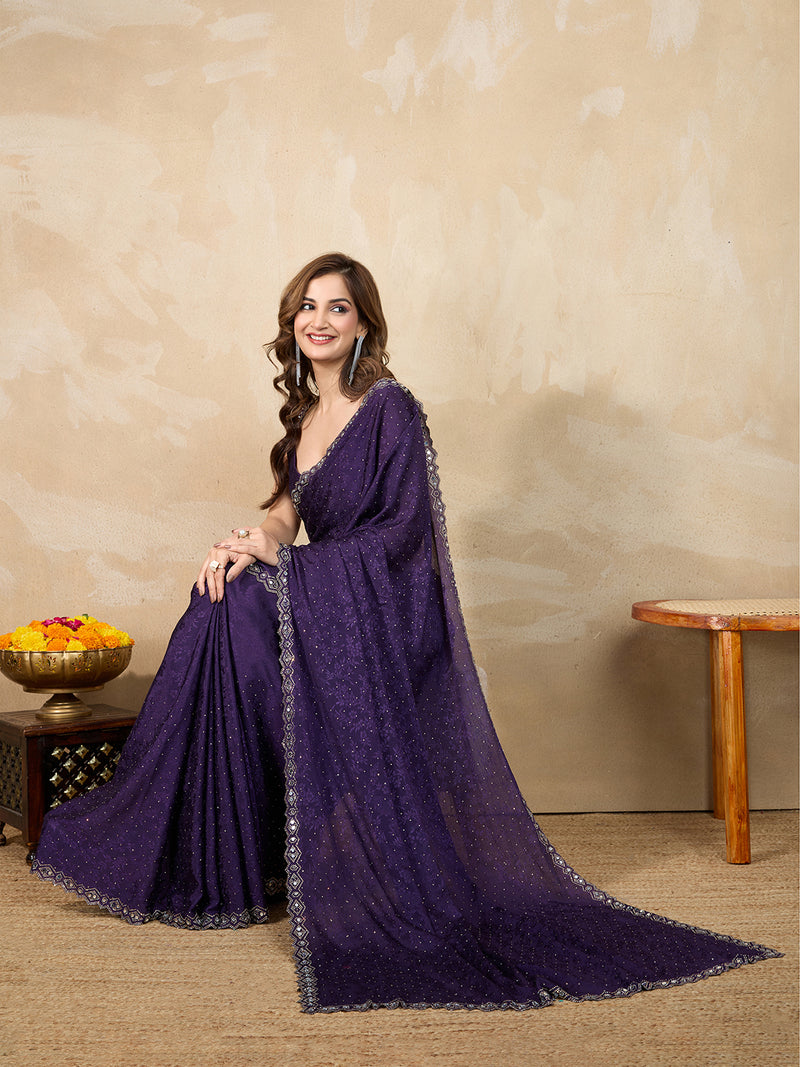 Women's Art Silk Siroski Mirror Work Saree with Unstitch Blouse Piece