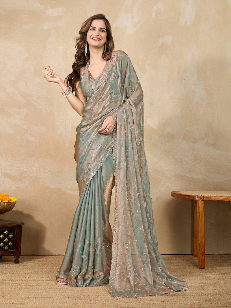 Women's Green Satin Siroski Mirror Work Saree with Unstitch Blouse Piece