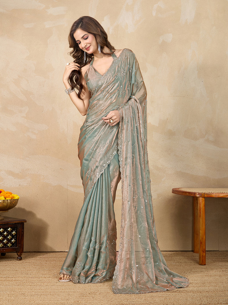 Women's Green Satin Siroski Mirror Work Saree with Unstitch Blouse Piece