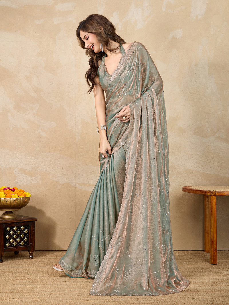 Women's Green Satin Siroski Mirror Work Saree with Unstitch Blouse Piece