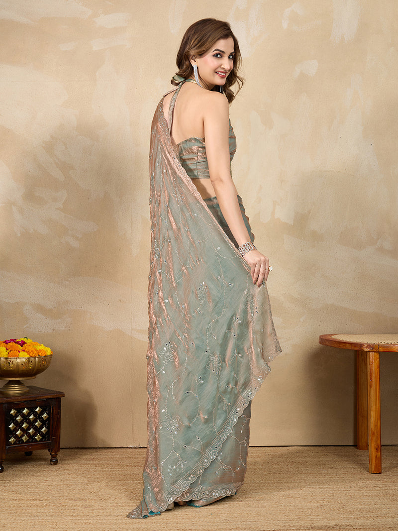 Women's Green Satin Siroski Mirror Work Saree with Unstitch Blouse Piece