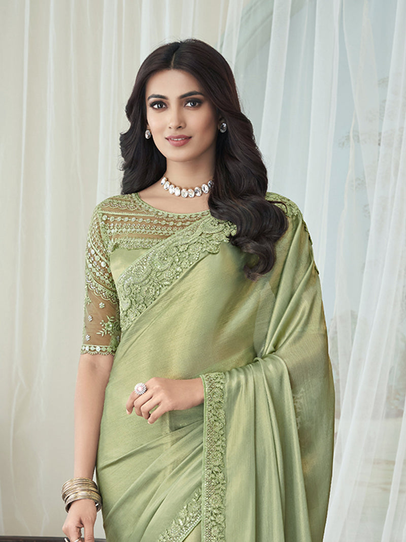 LightGreen Chiffon Embroidery Sequence work Saree with Unstitched Blouse Piece