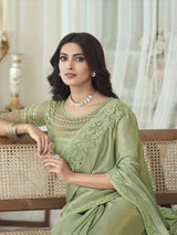 LightGreen Chiffon Embroidery Sequence work Saree with Unstitched Blouse Piece
