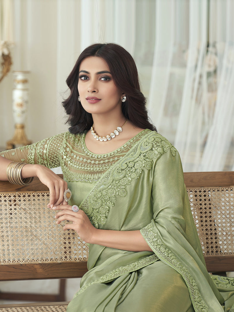LightGreen Chiffon Embroidery Sequence work Saree with Unstitched Blouse Piece