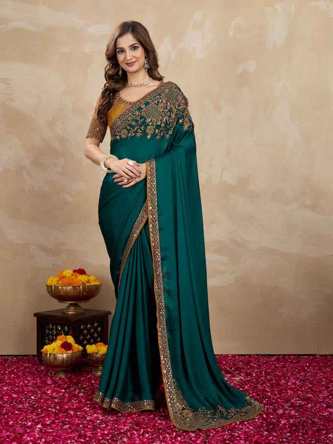Dark Green Satin Embroidery Work Saree With Unstitched Blouse Piece For Woman's Trendmalls