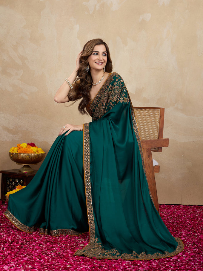 Dark Green Satin Embroidery Work Saree With Unstitched Blouse Piece For Woman's Trendmalls
