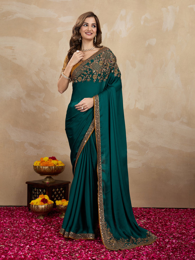 Dark Green Satin Embroidery Work Saree With Unstitched Blouse Piece For Woman's Trendmalls