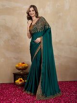 Dark Green Satin Embroidery Work Saree With Unstitched Blouse Piece For Woman's