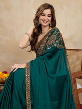 Dark Green Satin Embroidery Work Saree With Unstitched Blouse Piece For Woman's