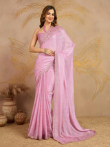 Pink Chiffon Embroidery Sequence work Saree with Unstitched Blouse Piece For Women's