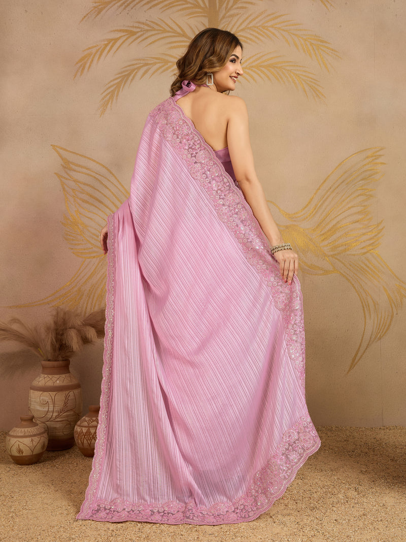Pink Chiffon Embroidery Sequence work Saree with Unstitched Blouse Piece For Women's