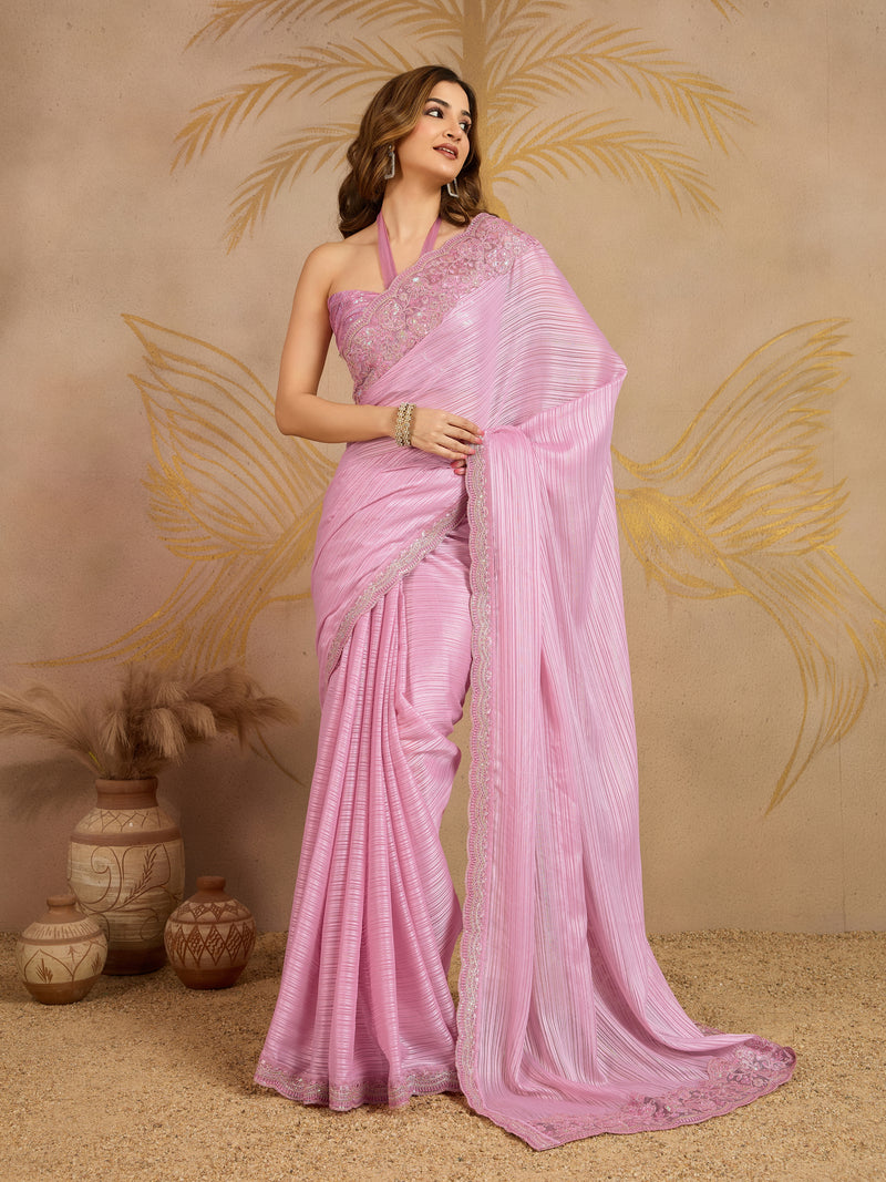 Pink Chiffon Embroidery Sequence work Saree with Unstitched Blouse Piece For Women's