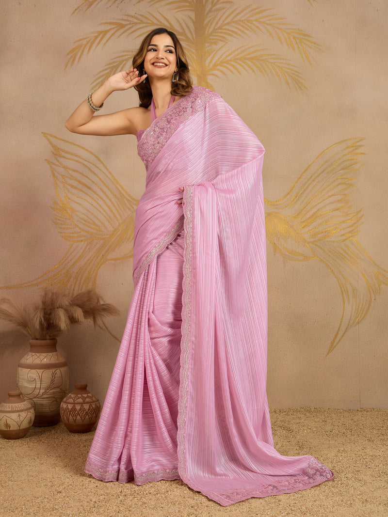 Pink Chiffon Embroidery Sequence work Saree with Unstitched Blouse Piece For Women's
