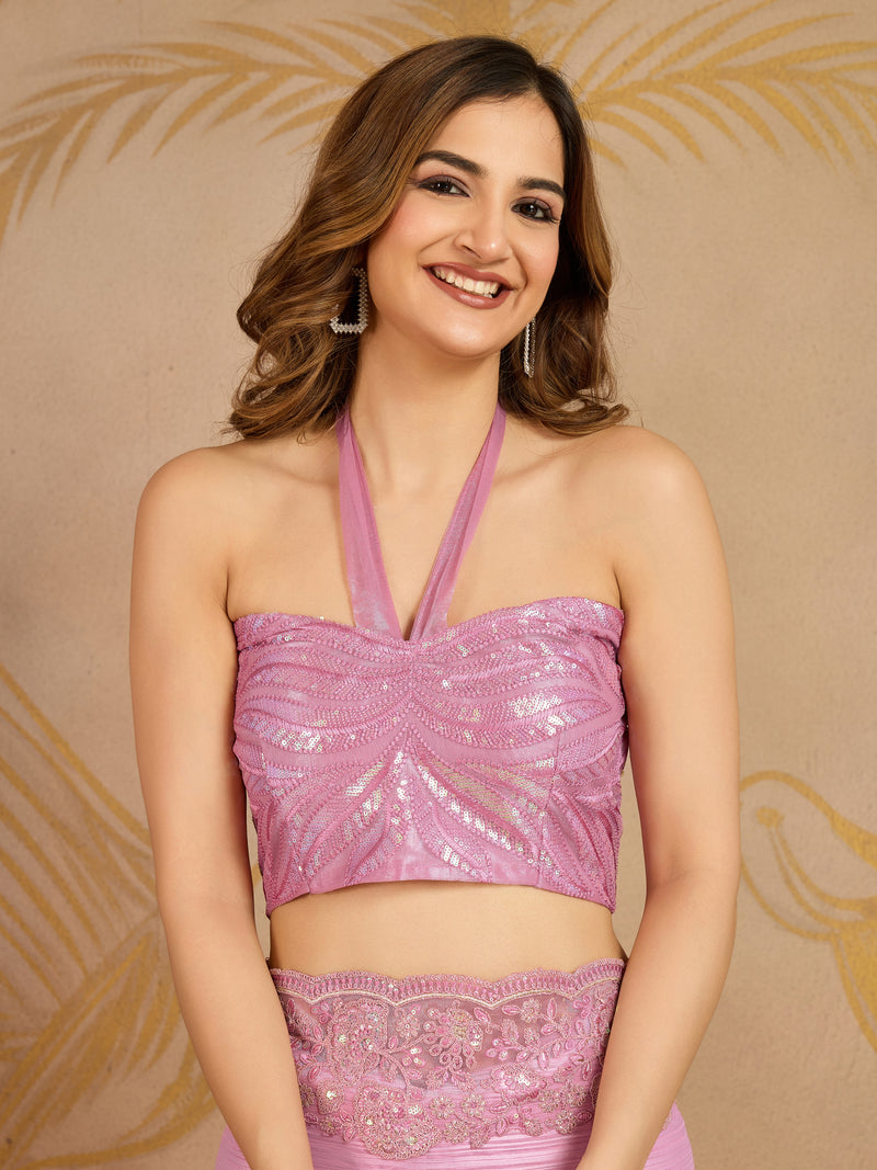 Pink Chiffon Embroidery Sequence work Saree with Unstitched Blouse Piece For Women's