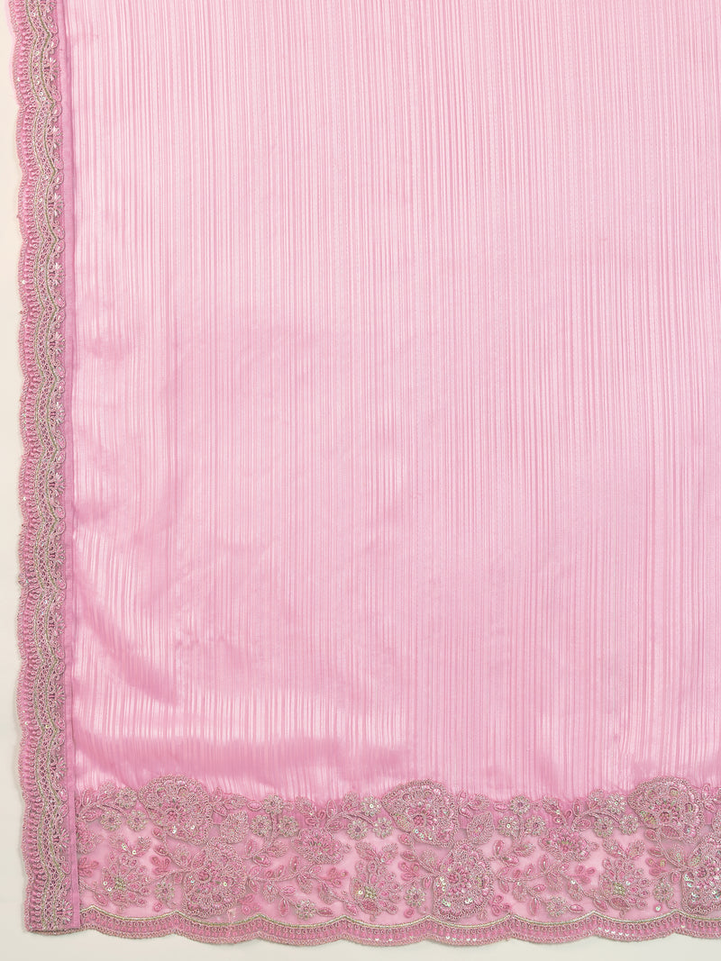 Pink Chiffon Embroidery Sequence work Saree with Unstitched Blouse Piece For Women's