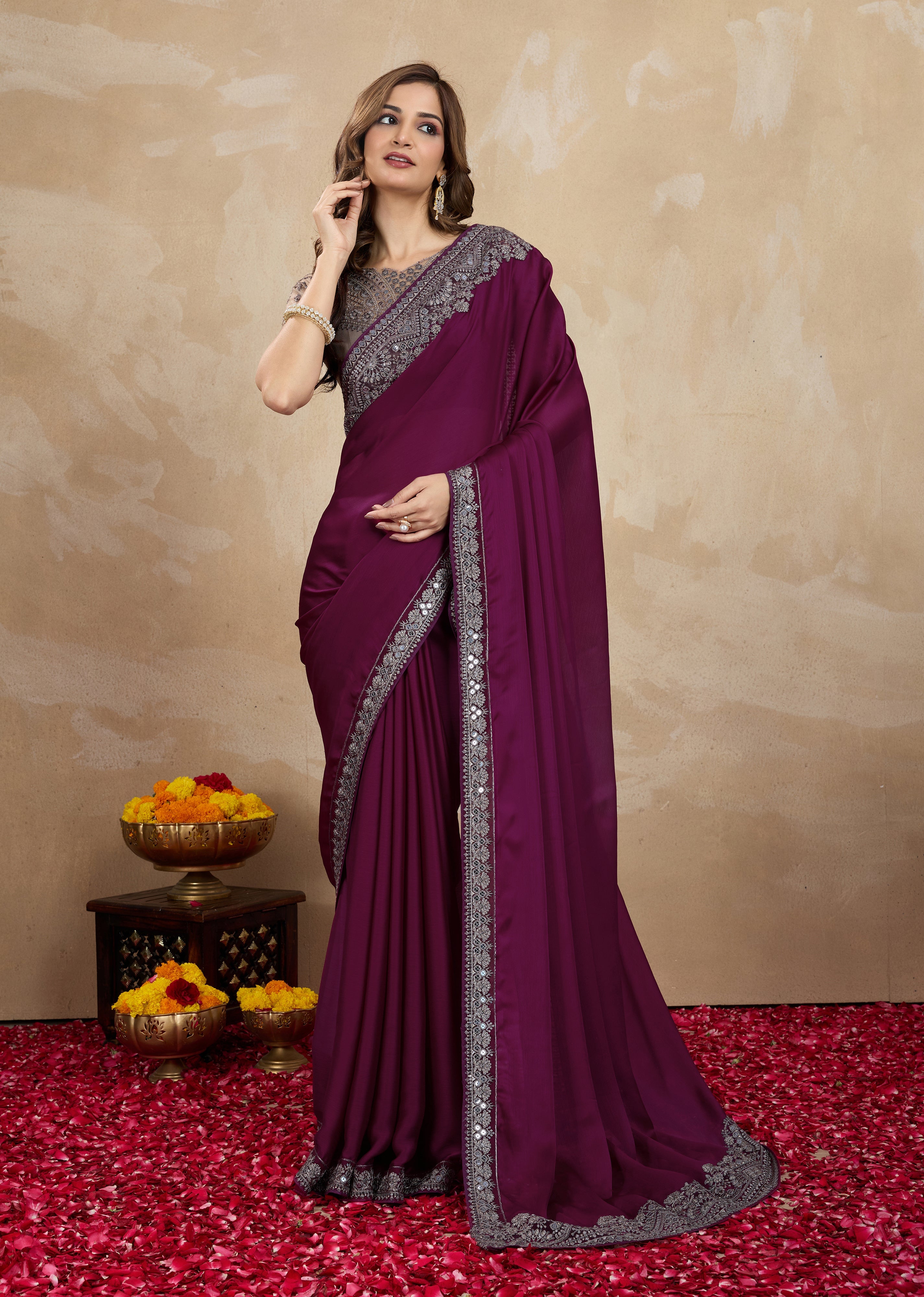 Purple Satin Embroidery Work Saree With Unstitched Blouse Piece For Woman's Trendmalls