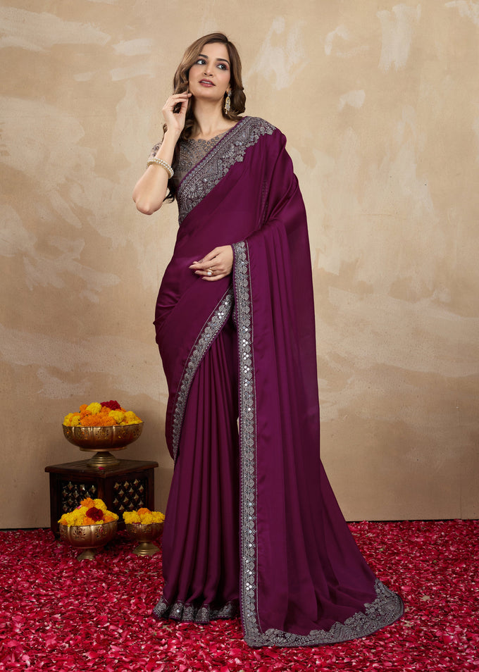 Purple Satin Embroidery Work Saree With Unstitched Blouse Piece For Woman's Trendmalls