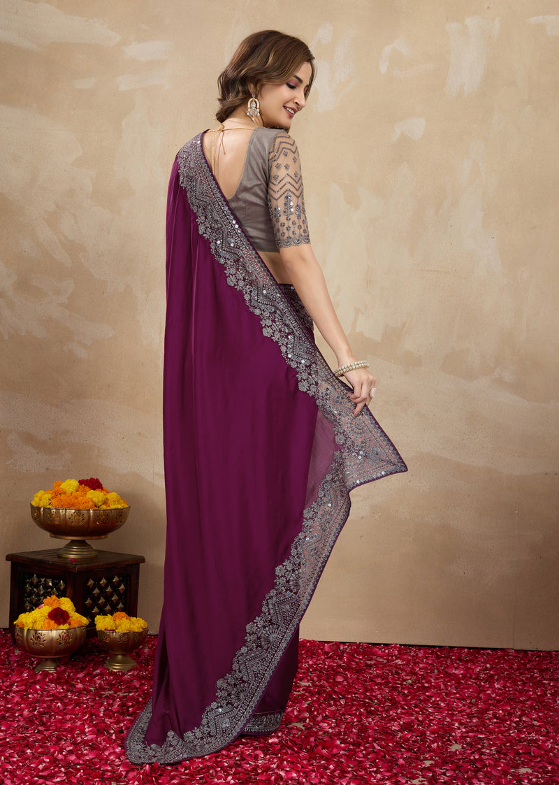 Purple Satin Embroidery Work Saree With Unstitched Blouse Piece For Woman's