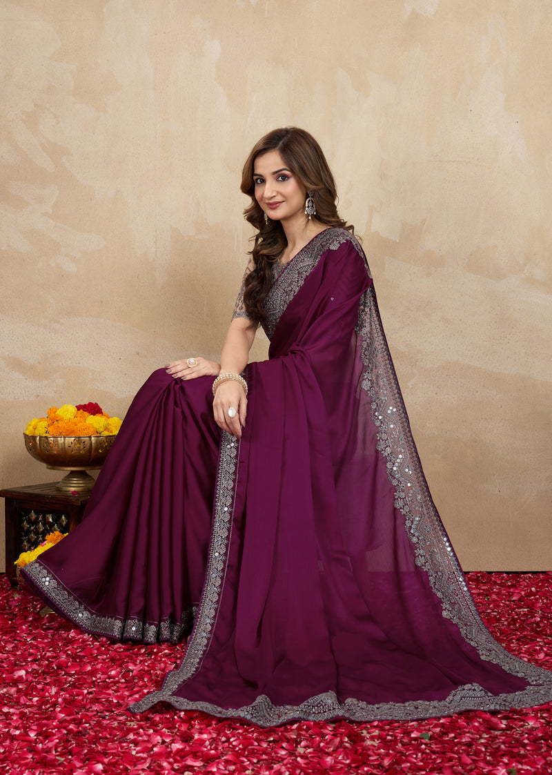 Purple Satin Embroidery Work Saree With Unstitched Blouse Piece For Woman's