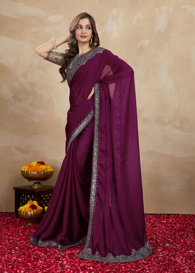 Purple Satin Embroidery Work Saree With Unstitched Blouse Piece For Woman's Trendmalls