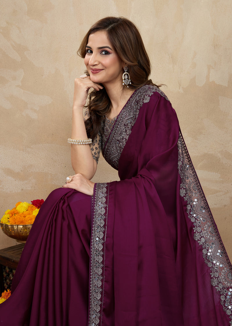 Purple Satin Embroidery Work Saree With Unstitched Blouse Piece For Woman's