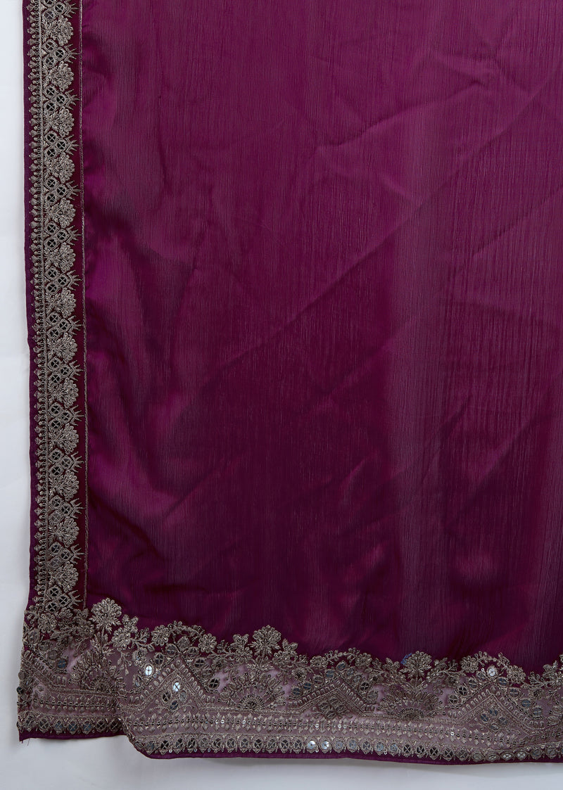 Purple Satin Embroidery Work Saree With Unstitched Blouse Piece For Woman's