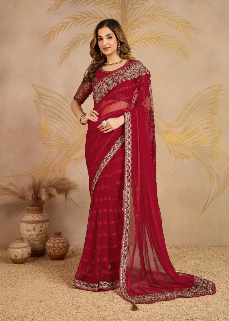 Red Chiffon Embroidery Saree with Unsttiched Blouse Piece For Women's