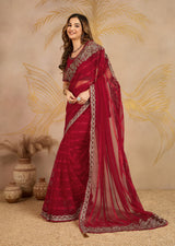 Red Chiffon Embroidery Saree with Unsttiched Blouse Piece For Women's