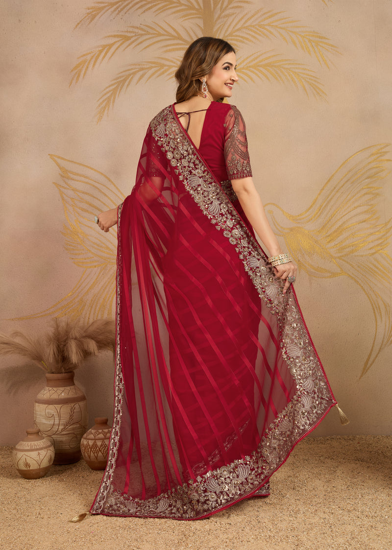 Red Chiffon Embroidery Saree with Unsttiched Blouse Piece For Women's