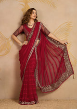 Red Chiffon Embroidery Saree with Unsttiched Blouse Piece For Women's
