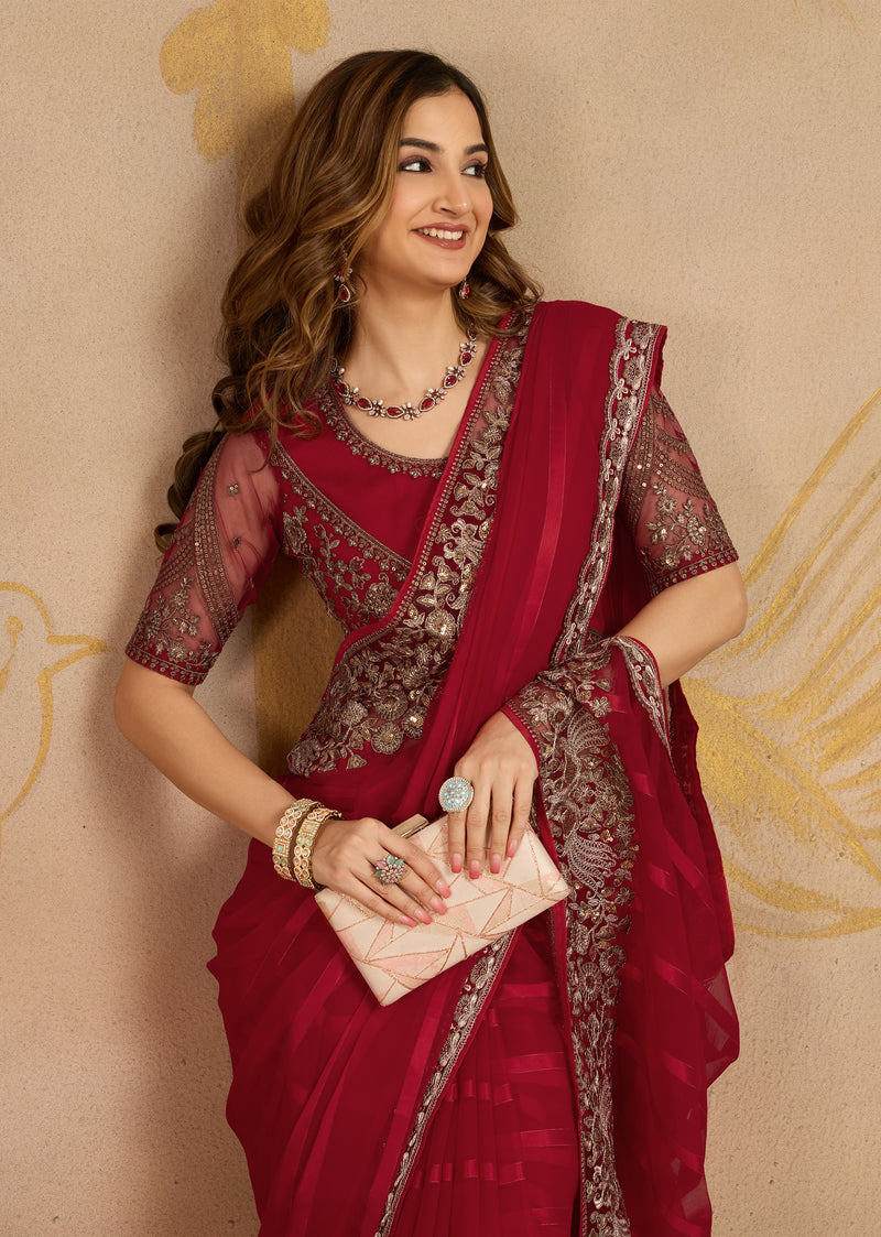 Red Chiffon Embroidery Saree with Unsttiched Blouse Piece For Women's