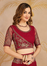 Red Chiffon Embroidery Saree with Unsttiched Blouse Piece For Women's