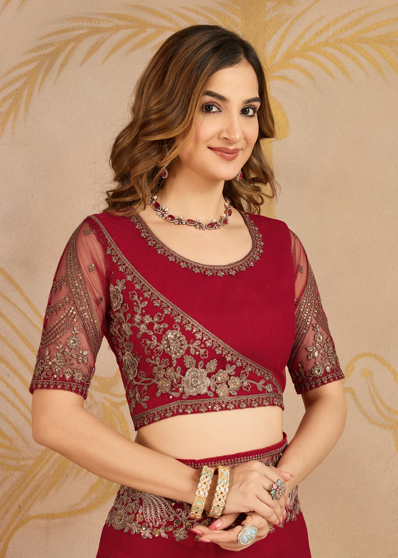 Red Chiffon Embroidery Saree with Unsttiched Blouse Piece For Women's